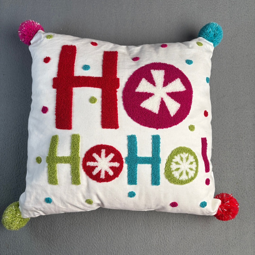 Hobby Lobby Christmas Ho Ho Ho Throw Pillow Colorful Pom Poms White HL 9164121